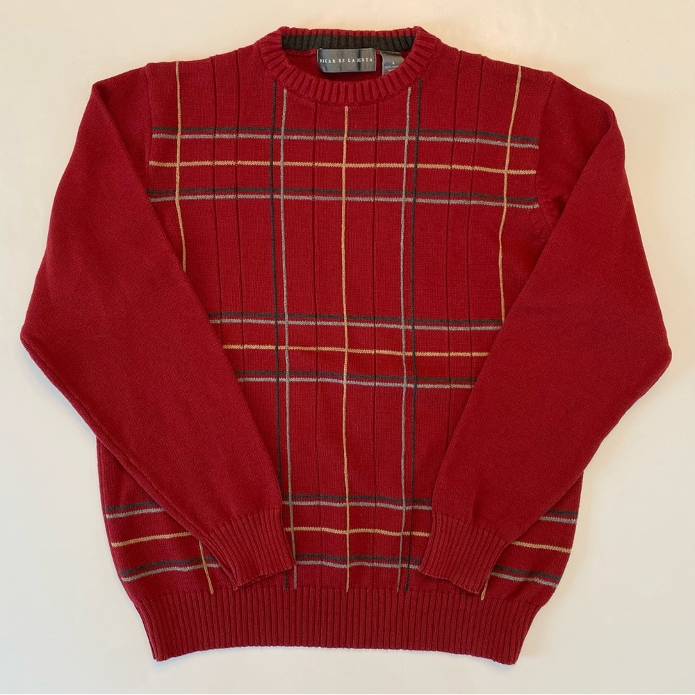 Oscar de la Renta Sweater Y2K Vintage Red Windowpane Grey Cotton Crewneck Large